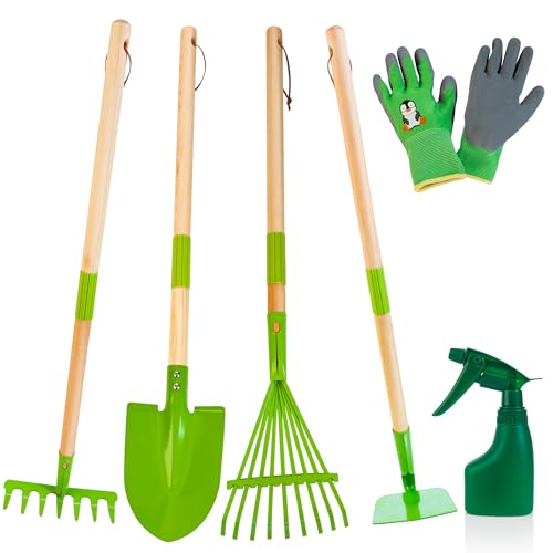 Amtreen Kids Gardening Tools Set  6PCS Detachable Garden Tool Kit with Gloves Shovel Rake Hoe Leaf Rake  Spray Bottle  Wooden Handles with Hanging Hole Perfect Outdoor Toy Gift for Ages 35 - Image 1