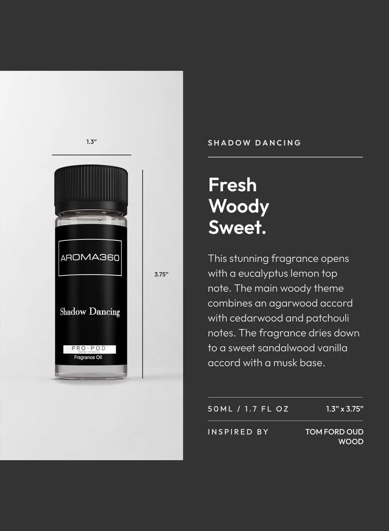 AROMA360 Shadow Dancing Pro-Pod Oil Blend - Hotel Inspired for Luxury Essential Oil Diffusers - Aromatherapy Scent Diffuser Oil - Oud Wood, Rosewood, and Tonka Bean