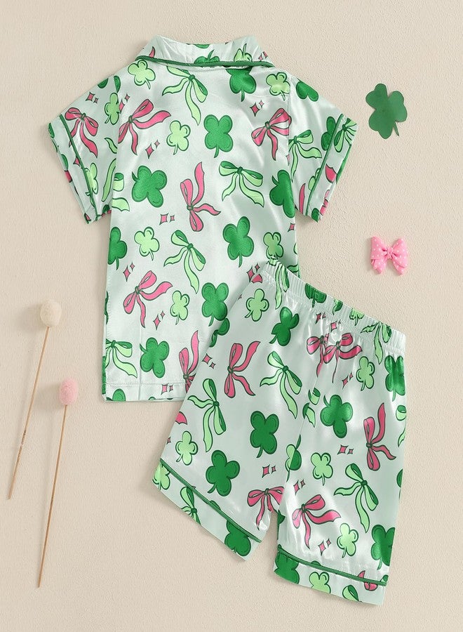 fyclemt Toddler Baby Boy Girl St. Patricks Day Silk Pajamas Set Luck Clover Short Sleeve Shirts Top Pj Shorts Satin Nightgown (Green St Patricks Clover Bow Print, 2-3 Years) - Image 2