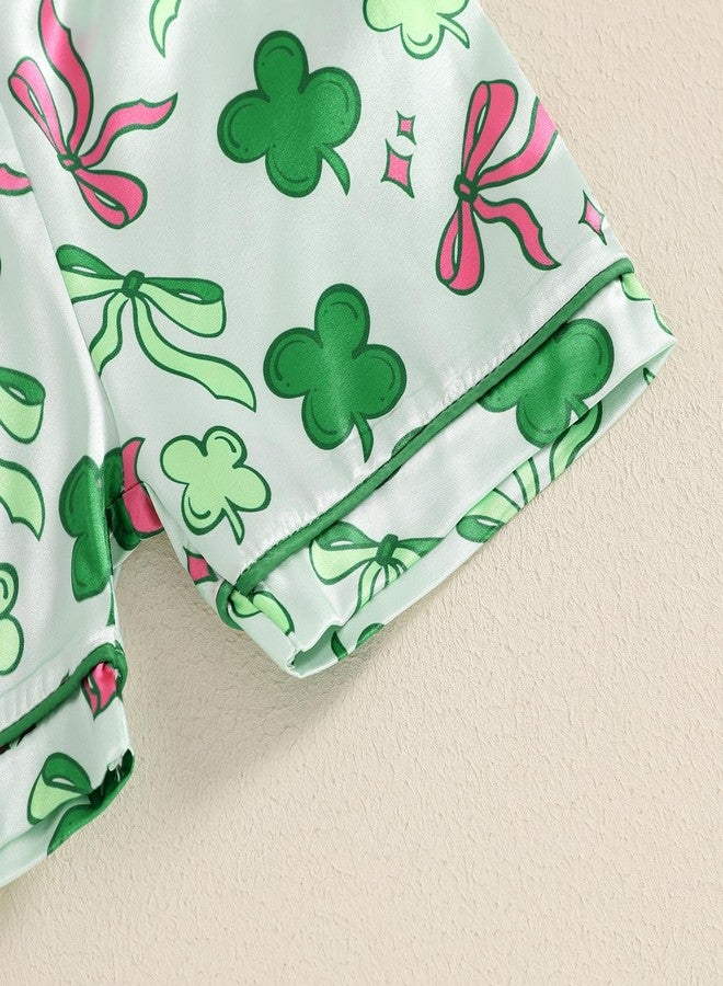 fyclemt Toddler Baby Boy Girl St. Patricks Day Silk Pajamas Set Luck Clover Short Sleeve Shirts Top Pj Shorts Satin Nightgown (Green St Patricks Clover Bow Print, 2-3 Years) - Image 5