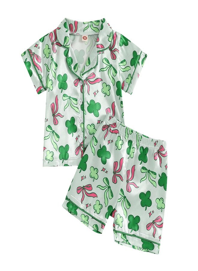 fyclemt Toddler Baby Boy Girl St. Patricks Day Silk Pajamas Set Luck Clover Short Sleeve Shirts Top Pj Shorts Satin Nightgown (Green St Patricks Clover Bow Print, 2-3 Years) - Image 1