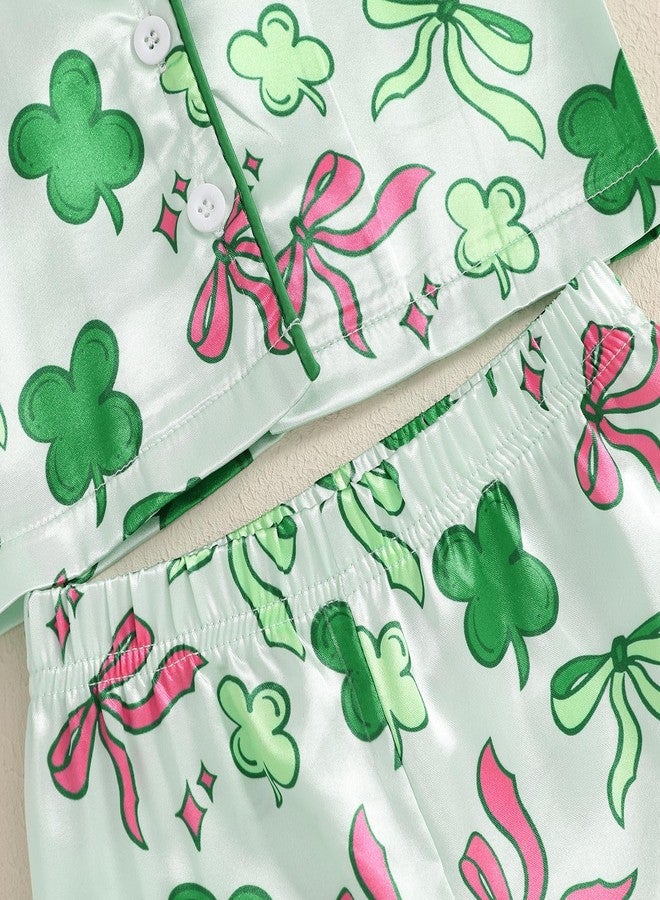fyclemt Toddler Baby Boy Girl St. Patricks Day Silk Pajamas Set Luck Clover Short Sleeve Shirts Top Pj Shorts Satin Nightgown (Green St Patricks Clover Bow Print, 2-3 Years) - Image 4