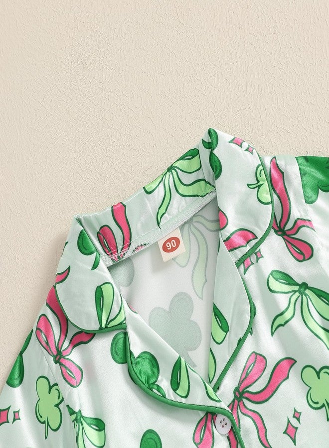 fyclemt Toddler Baby Boy Girl St. Patricks Day Silk Pajamas Set Luck Clover Short Sleeve Shirts Top Pj Shorts Satin Nightgown (Green St Patricks Clover Bow Print, 2-3 Years) - Image 3