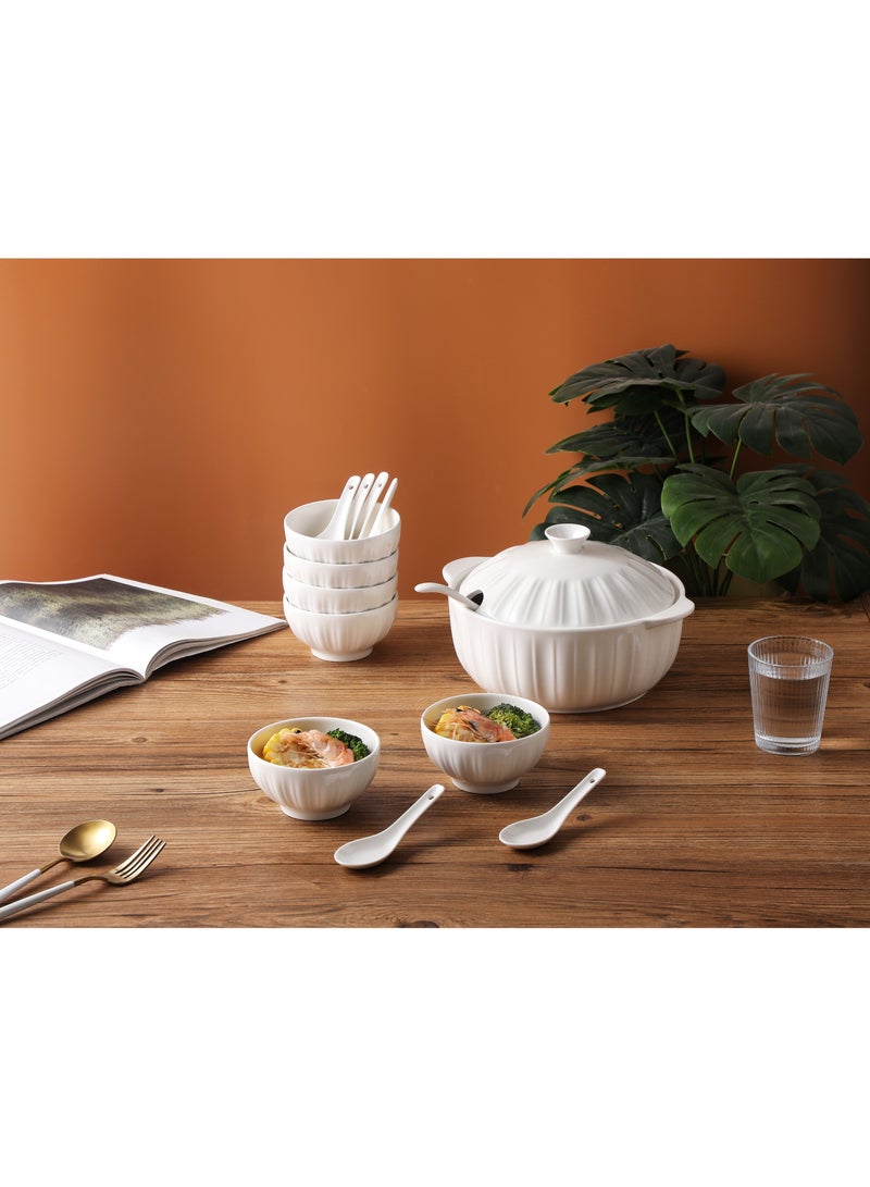 Dove 15-Piece Porcelain Soup & Bowl Set White, Set Includes (10.5 inch Soup Bowl, 8.5 inch Lid, 4.5 inch 6pcs Bowl, 9 inch Ladle, 5 inch 6pcs Spoon)