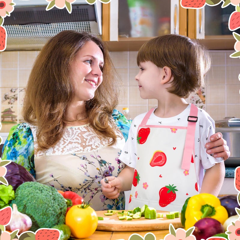 XLSXEXCL 2 Pack Strawberries Kids Aprons, Adjustable Kids Cooking Aprons with 2 Pockets, Toddler Artist Smocks for Girls and Boys for Cooking, Baking, Painting (Cute Strawberry) - Image 5