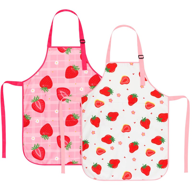 XLSXEXCL 2 Pack Strawberries Kids Aprons, Adjustable Kids Cooking Aprons with 2 Pockets, Toddler Artist Smocks for Girls and Boys for Cooking, Baking, Painting (Cute Strawberry) - Image 1