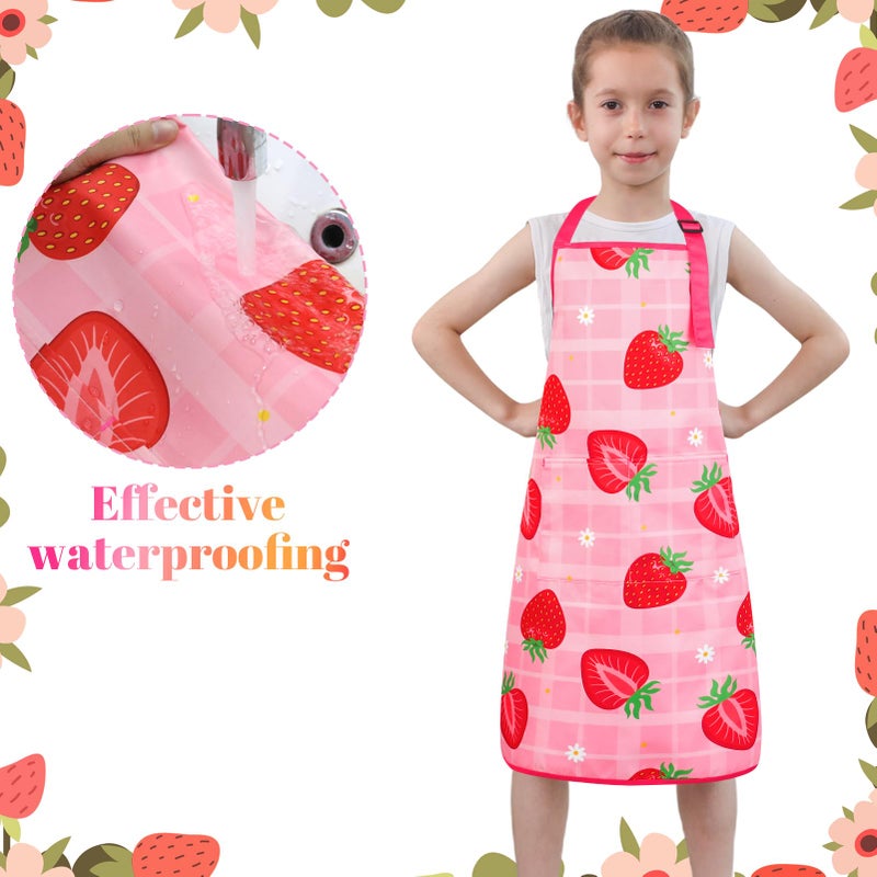 XLSXEXCL 2 Pack Strawberries Kids Aprons, Adjustable Kids Cooking Aprons with 2 Pockets, Toddler Artist Smocks for Girls and Boys for Cooking, Baking, Painting (Cute Strawberry) - Image 4