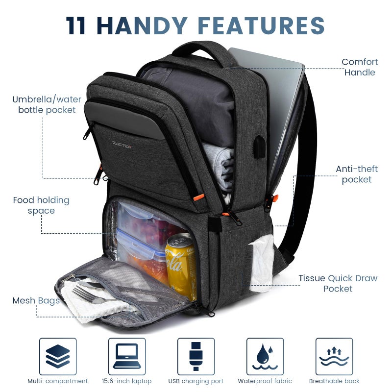 RUCYEN Lunch Backpack, Insulated Cooler Backpack Lunch Box for Men Women, 15.6 Inches RFID Blocking Laptop Backpack with USB Port Lunch Bag for Work Travel Black - Image 2