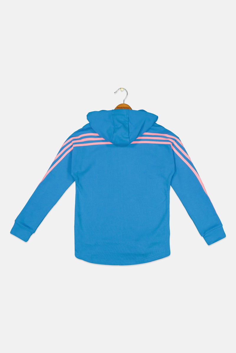 Adidas سويت شيرت خارجي طويل الأكمام مع غطاء رأس للفتيات، أزرق - Image 2