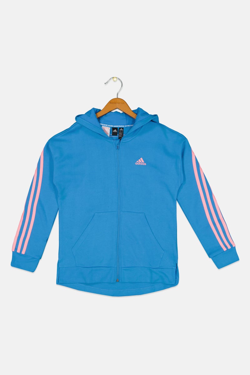 Adidas سويت شيرت خارجي طويل الأكمام مع غطاء رأس للفتيات، أزرق - Image 1