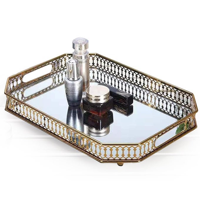 VINTAGE GOLD MIRRORED VANITY TRAY DECORATIVE PERFUME AND MAKEUP ORGANIZER WITH HANDLES FOR DRESSER BATHROOM OR JEWELRY DISPLAY LARGE SIZE 138 X 96 X22