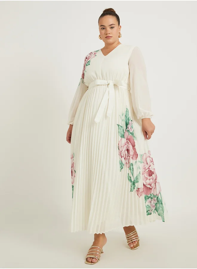 Styli Styli Plus Size Floral Print Pleated A-Line Maxi Dress