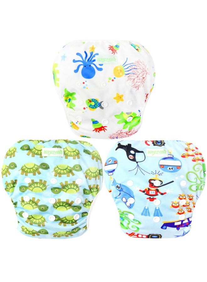 wegreeco Baby & Toddler Snap One Size Adjustable Reusable Baby Swim Diaper (Diving, Ocean, Turtle, Large, 3 Pack) - Image 1