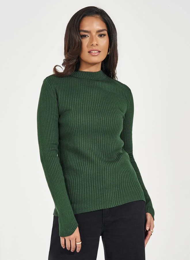 Styli Rib Fitted Regular Length High Neck Sweater