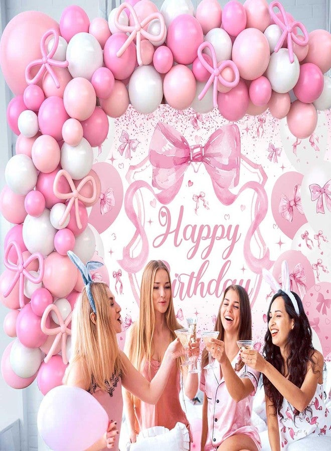 CINRAY Pink Bow Birthday Backdrop for Girls 7x5FT Pink Balloon Bowknot Photography Background Cute Coquette Bachelorette Happy Birthday Banner Decorations Supplies Photo Props - Image 4