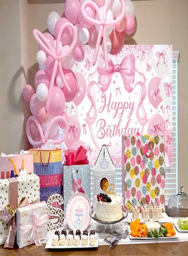 CINRAY Pink Bow Birthday Backdrop for Girls 7x5FT Pink Balloon Bowknot Photography Background Cute Coquette Bachelorette Happy Birthday Banner Decorations Supplies Photo Props - Image 3