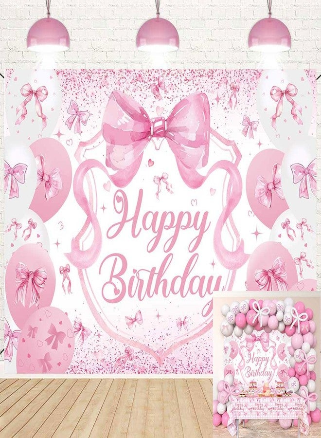 CINRAY Pink Bow Birthday Backdrop for Girls 7x5FT Pink Balloon Bowknot Photography Background Cute Coquette Bachelorette Happy Birthday Banner Decorations Supplies Photo Props - Image 1