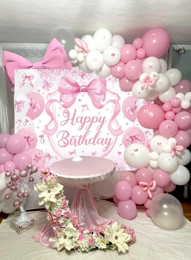 CINRAY Pink Bow Birthday Backdrop for Girls 7x5FT Pink Balloon Bowknot Photography Background Cute Coquette Bachelorette Happy Birthday Banner Decorations Supplies Photo Props - Image 5