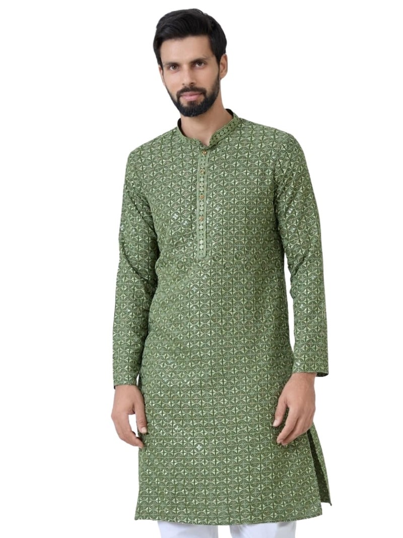 See Designs Men's Full Sleeve Mandarin Collar Men Green Embroidered Mandarin Collar Straight Long Kurta - Festive Collection | - SDKT2897XL - Image 1
