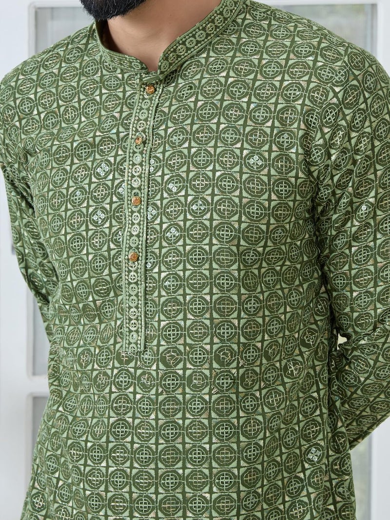 See Designs Men's Full Sleeve Mandarin Collar Men Green Embroidered Mandarin Collar Straight Long Kurta - Festive Collection | - SDKT2897XL - Image 2