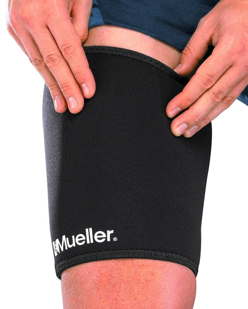 MUELLER Sports Medicine Compression Thigh Sleeve for Men and Women, Leg Pain Relief Support, Ideal for Strains, Stiffness of Quads & Hamstrings, Fits Right or Left, Black, Large - Image 1