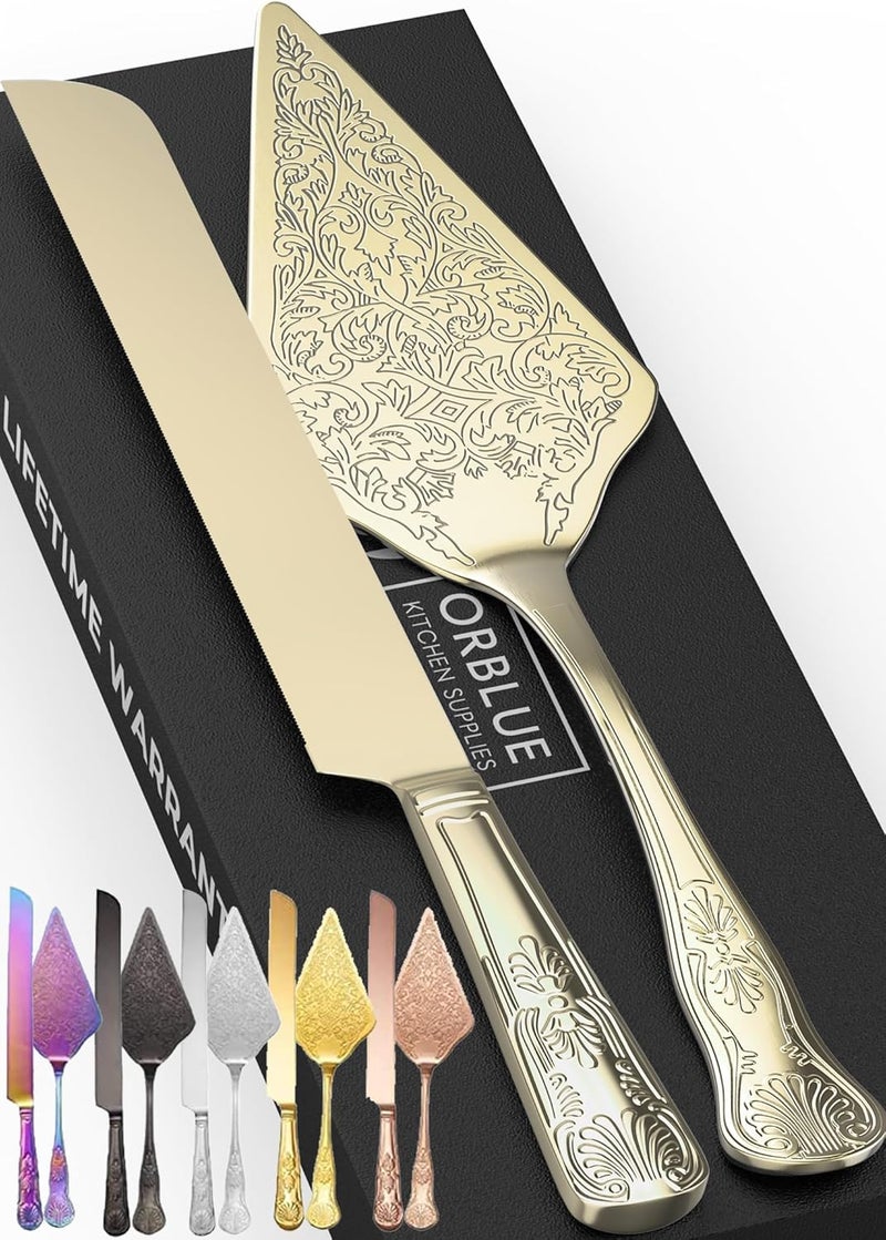 Orblue Wedding Cake Knife and Server Set - Premium, Beautifully Engraved Cutting Set - Elegant Keepsake for Newlyweds - Light Gold - Image 1