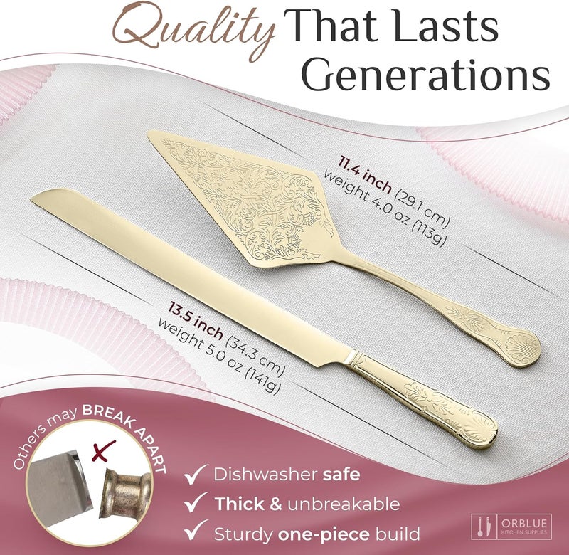 Orblue Wedding Cake Knife and Server Set - Premium, Beautifully Engraved Cutting Set - Elegant Keepsake for Newlyweds - Light Gold - Image 3