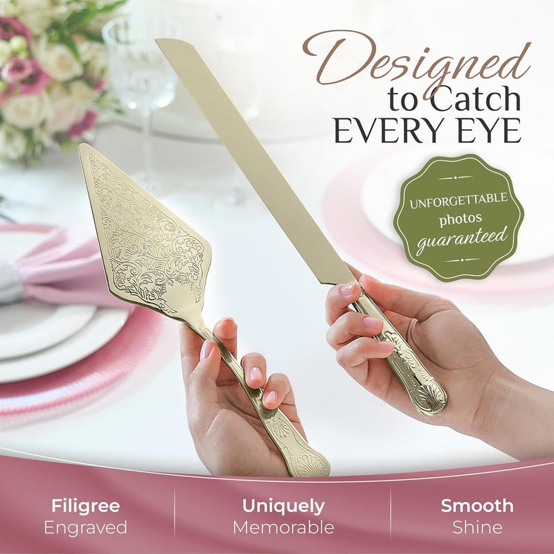 Orblue Wedding Cake Knife and Server Set - Premium, Beautifully Engraved Cutting Set - Elegant Keepsake for Newlyweds - Light Gold - Image 2