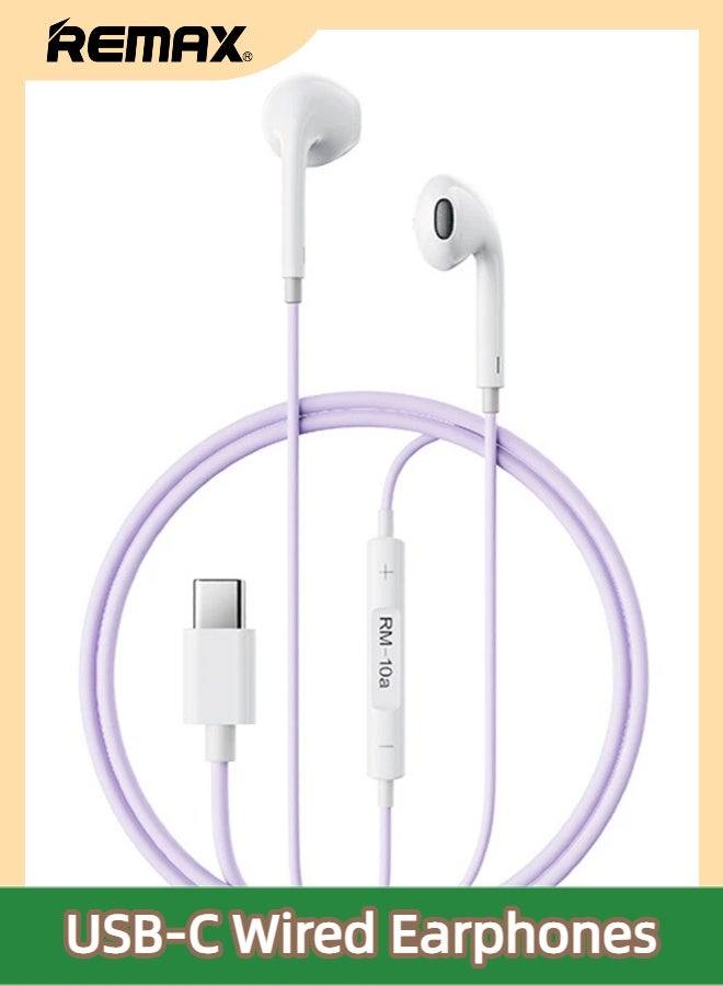 ريماكس سماعات أذن سلكية ملونة RM-10a، مزودة بموصل USB-C من النوع C، تصميم داخل الأذن، ميكروفون ستيريو عالي الدقة مدمج، تحكم في مستوى الصوت، مناسبة للموسيقى والمكالمات والألعاب، متوافقة مع أجهزة iPhone 17/16/15/Pro/ProMax/Air/Plus وغيرها من أجهزة USB-C. أرجواني - Image 1