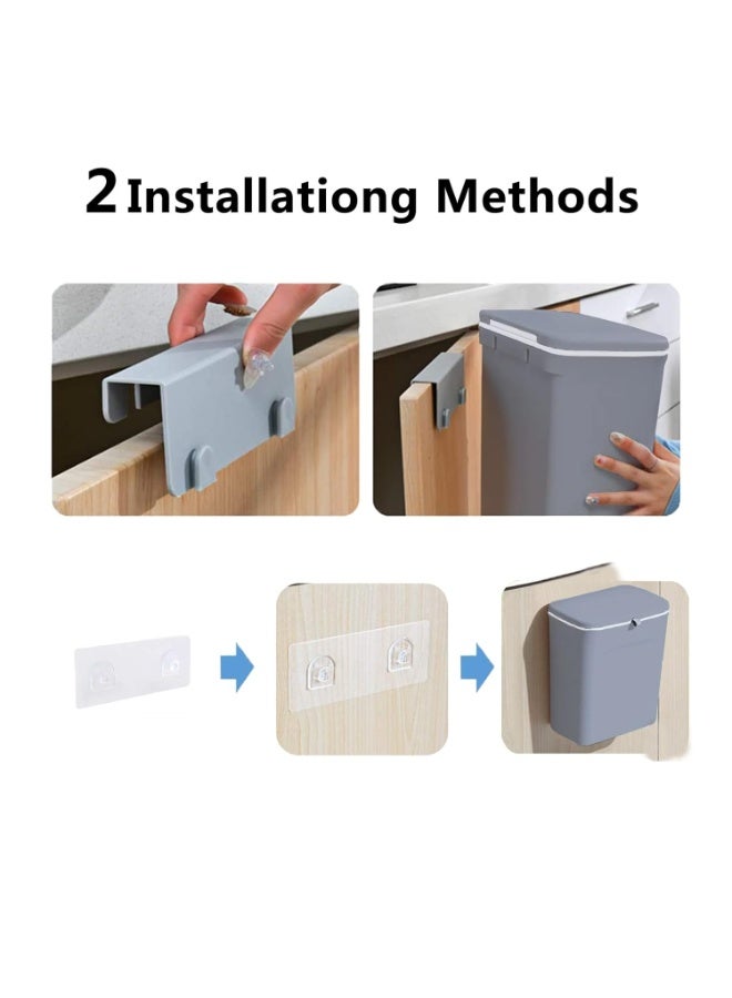 Kitchen Hanging Trash Can, 2.4 Gallon Wall Mounted Counter Waste Compost Bin, Small Garbage Can with Lid for Cupboard/Bathroom/Bedroom/Office/Camping/Under Sink(Grey) - Image 4