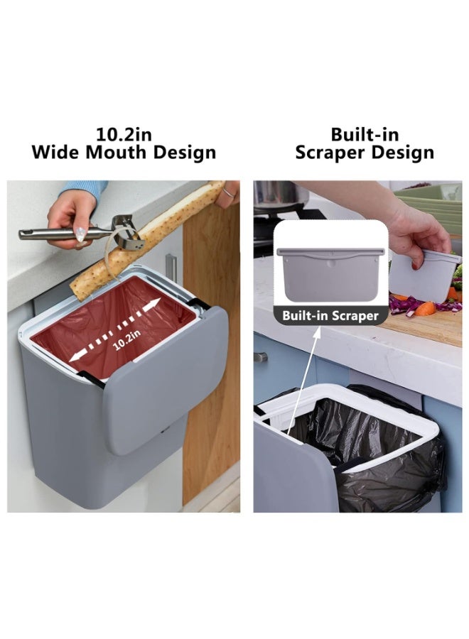 Kitchen Hanging Trash Can, 2.4 Gallon Wall Mounted Counter Waste Compost Bin, Small Garbage Can with Lid for Cupboard/Bathroom/Bedroom/Office/Camping/Under Sink(Grey) - Image 3