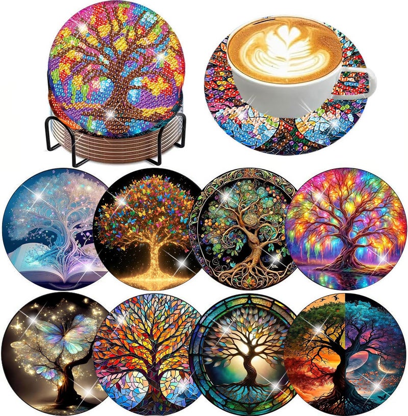igoodom 8 Pcs Tree of Life Diamond Art Coasters Kit with Holder, DIY Tree Diamond Painting Coasters for Beginners Adults, Non Slip Diamond Art Kits Craft Supplies 4x4inch - Image 1