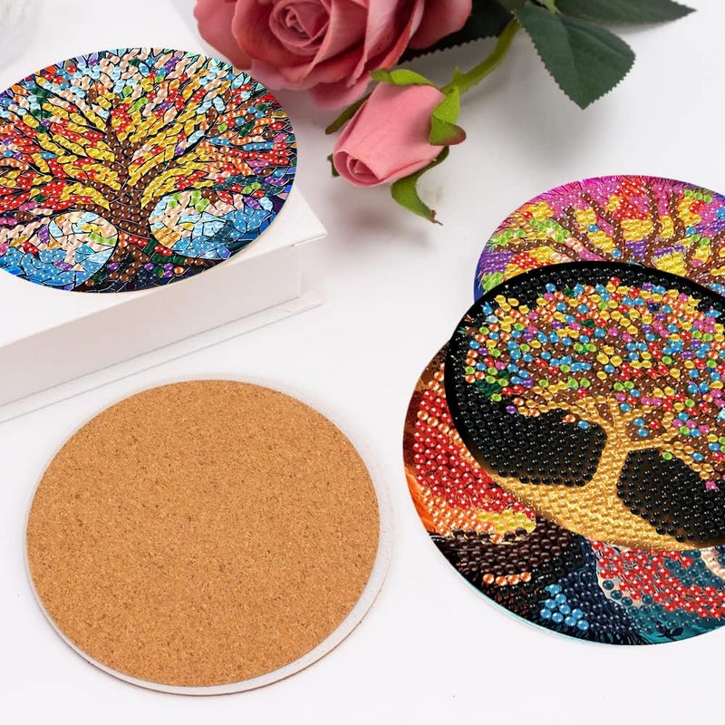 igoodom 8 Pcs Tree of Life Diamond Art Coasters Kit with Holder, DIY Tree Diamond Painting Coasters for Beginners Adults, Non Slip Diamond Art Kits Craft Supplies 4x4inch - Image 5
