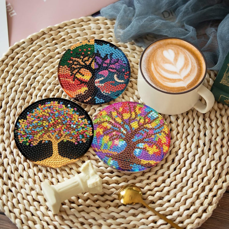 igoodom 8 Pcs Tree of Life Diamond Art Coasters Kit with Holder, DIY Tree Diamond Painting Coasters for Beginners Adults, Non Slip Diamond Art Kits Craft Supplies 4x4inch - Image 2