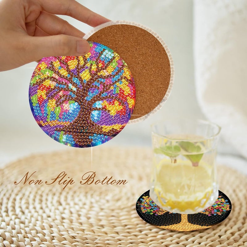 igoodom 8 Pcs Tree of Life Diamond Art Coasters Kit with Holder, DIY Tree Diamond Painting Coasters for Beginners Adults, Non Slip Diamond Art Kits Craft Supplies 4x4inch - Image 3