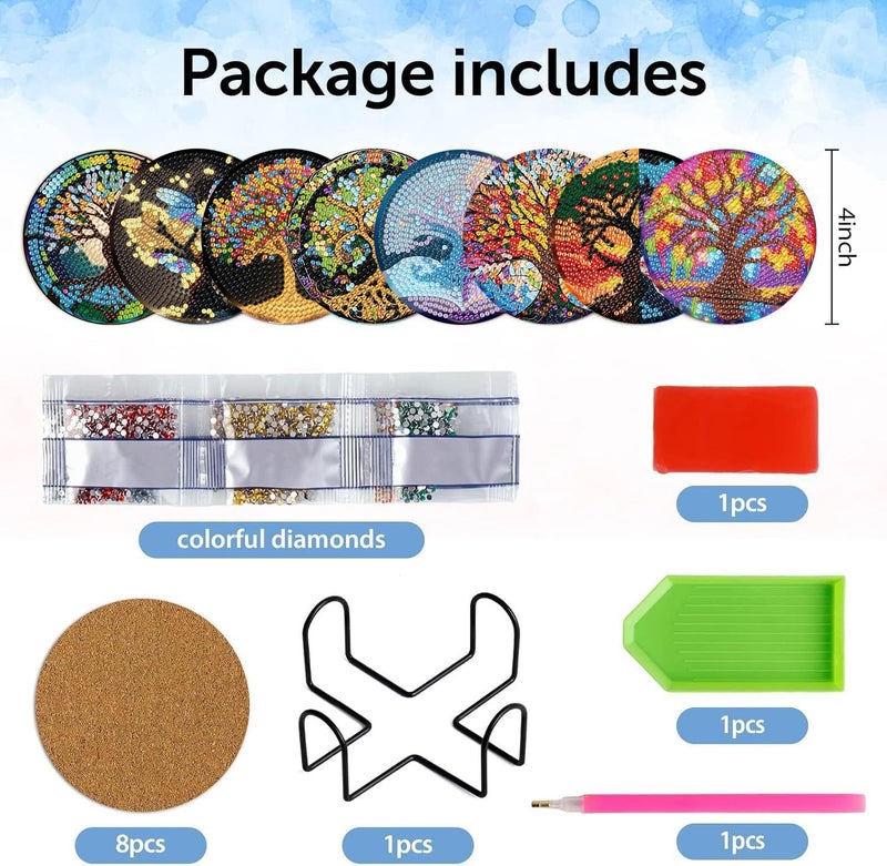igoodom 8 Pcs Tree of Life Diamond Art Coasters Kit with Holder, DIY Tree Diamond Painting Coasters for Beginners Adults, Non Slip Diamond Art Kits Craft Supplies 4x4inch - Image 4