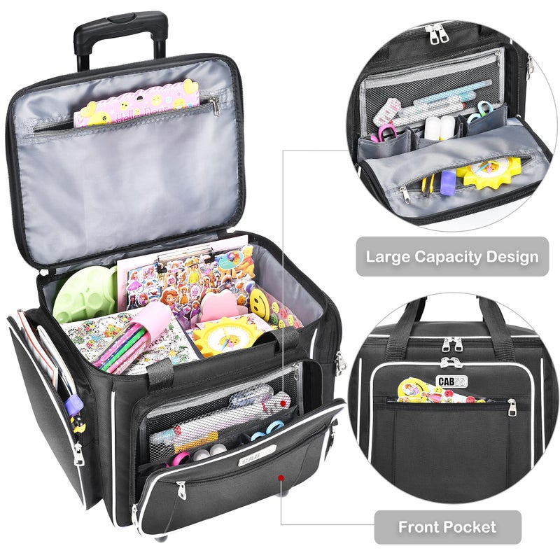 CAB55 Rolling Craft Bag, Tote Bag with Wheels for Women, Rolling Teacher Bag with Removable Folding Hand Truck (Black) - Image 3