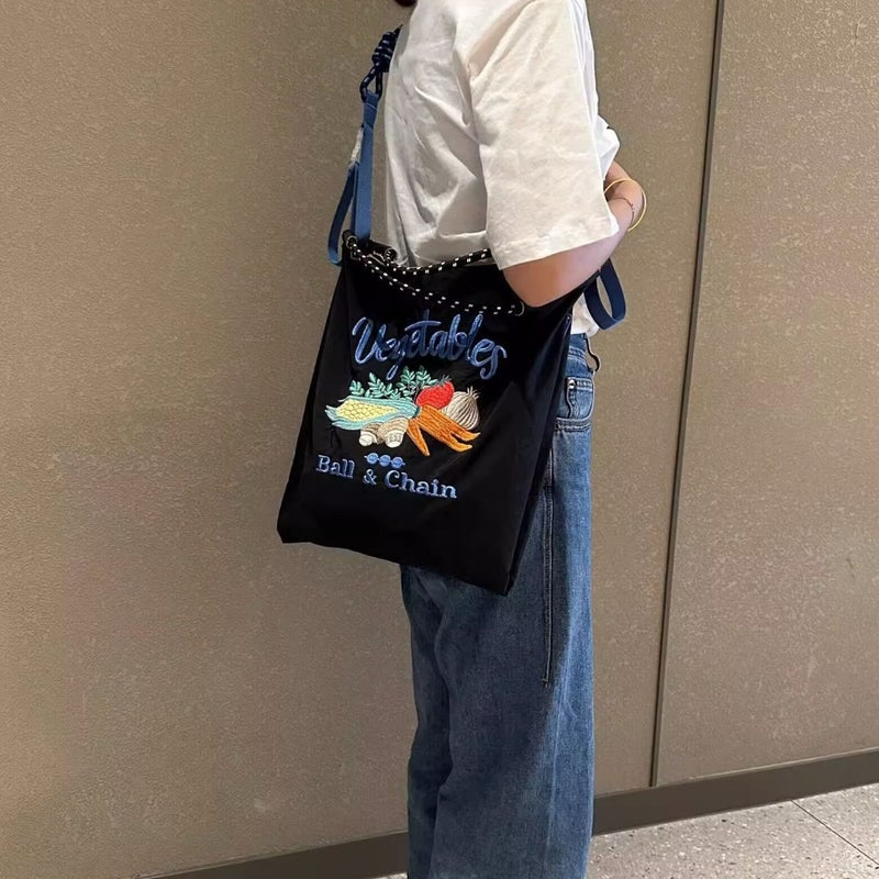 Japanese Style Vegetable Embroidery Environmental Protection Cloth Bag Female Ball Chain New Embroidery Nylon Handbag Single - Image 4