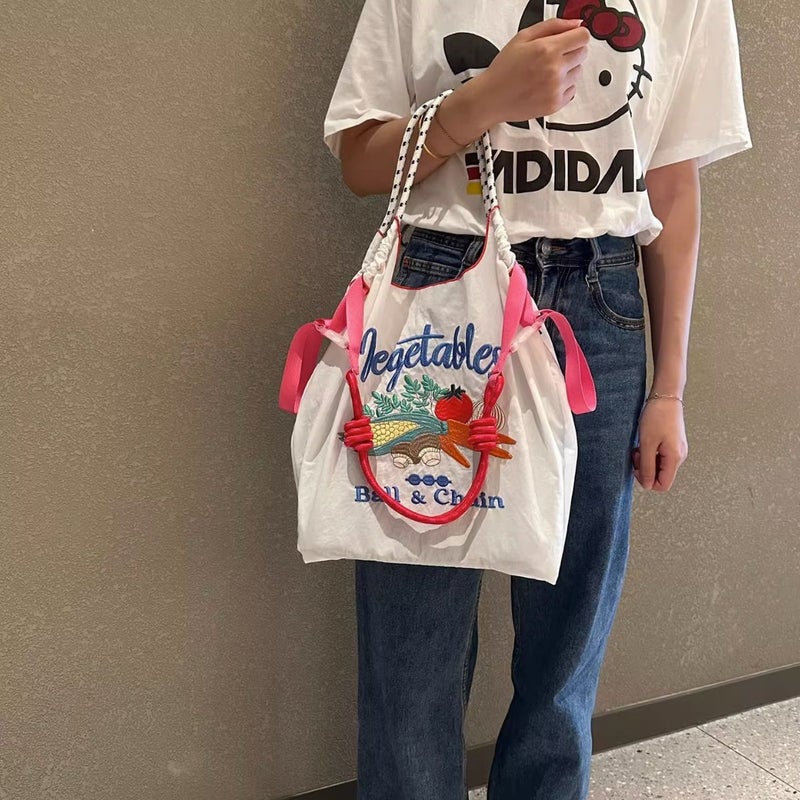 Japanese Style Vegetable Embroidery Environmental Protection Cloth Bag Female Ball Chain New Embroidery Nylon Handbag Single - Image 3