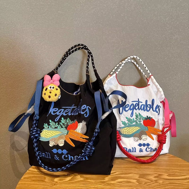 Japanese Style Vegetable Embroidery Environmental Protection Cloth Bag Female Ball Chain New Embroidery Nylon Handbag Single - Image 2