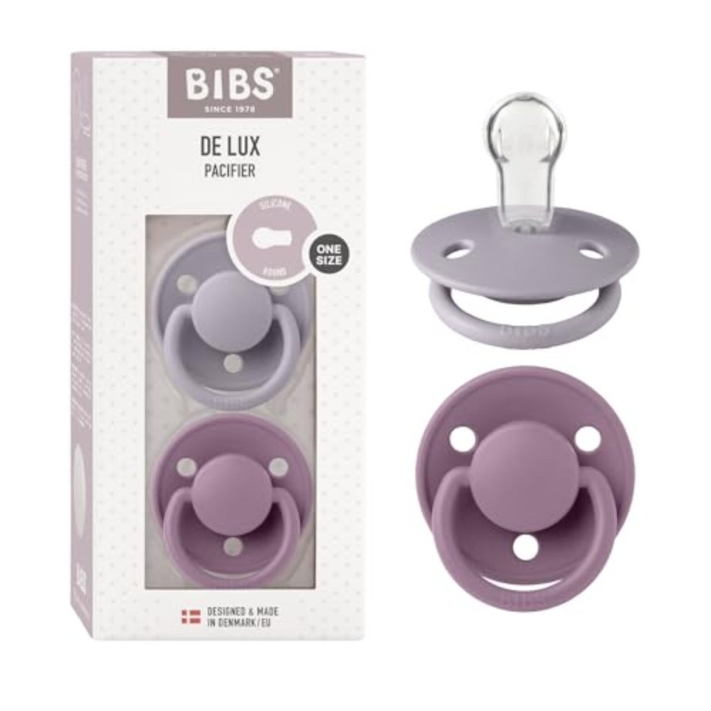 BIBS De Lux Dummies 2-Pack, BPA Free Dummy Pacifier, Round. Silicone, Made in Denmark. 0-36 Months Pack of 2,Fossil Grey/Mauve