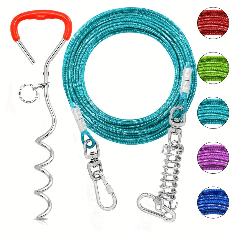 Blue 10Ft Dog Tie Out Cable With Spiral Stake Shock Spring - Image 1