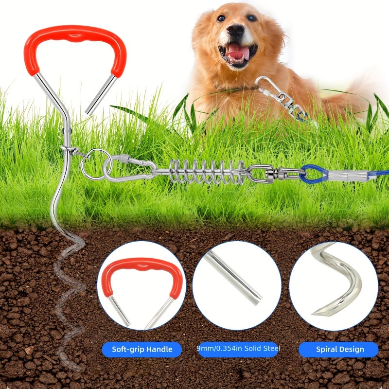 Blue 10Ft Dog Tie Out Cable With Spiral Stake Shock Spring - Image 4