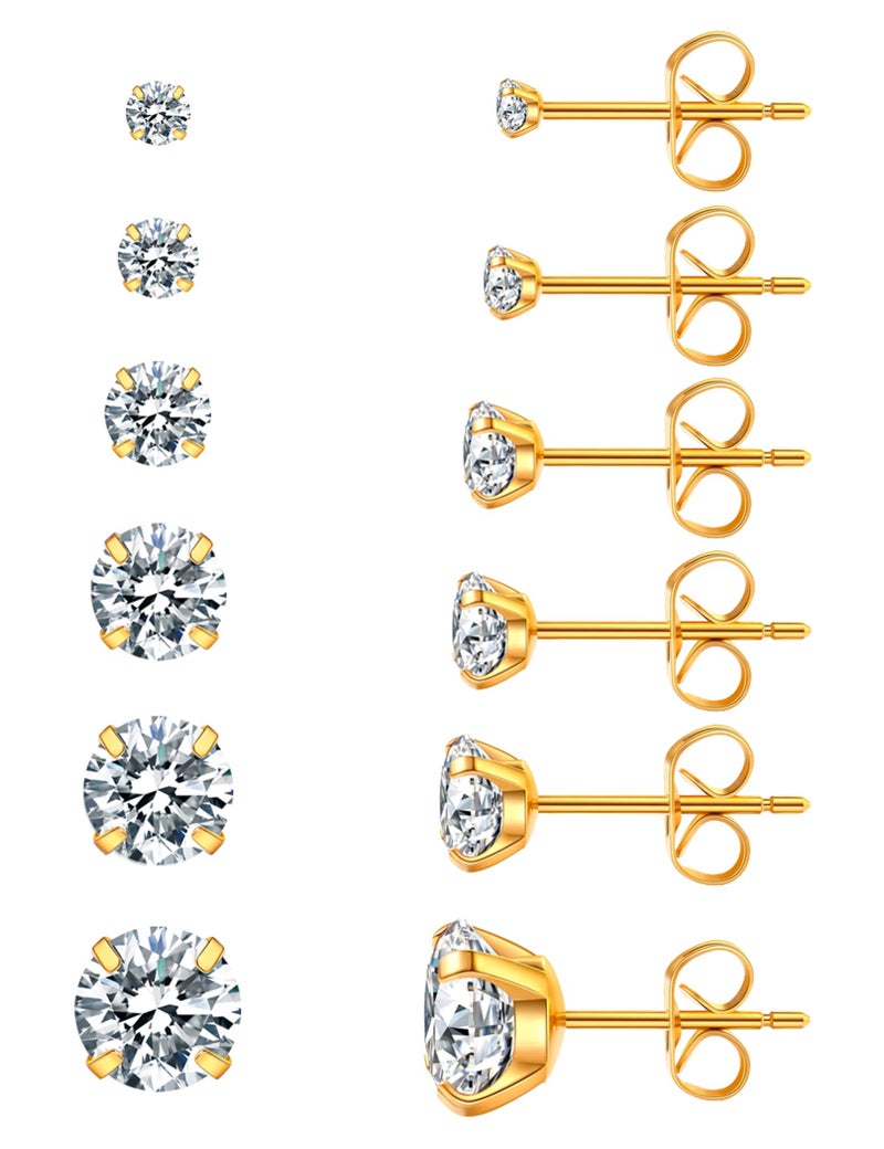 WSSXC 6 Pairs Stud Earrings Set, Hypoallergenic Cubic Zirconia 316L Earrings Stainless Steel CZ Earrings 3-8mm - Image 1