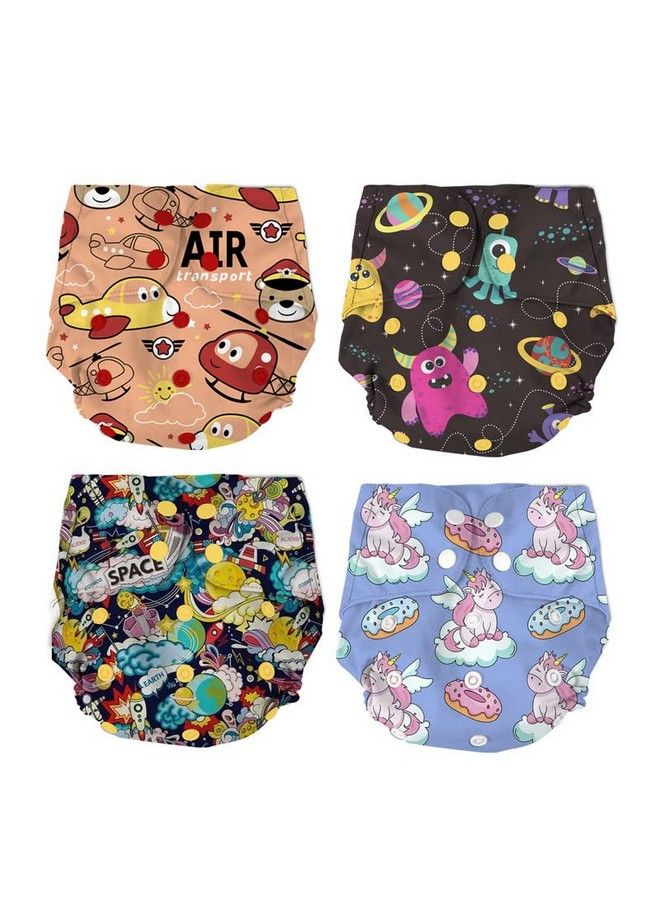 Bumtum 0 To 3 Yrs Baby Freesize Ultrahygiene Unicorn + Space Old + Space + Air Extra Soft Cloth Diaper 5Hrs Absorbency ; Washable & Reusable Diaper And Cotton Soaker(Pack Of 4) - Image 1