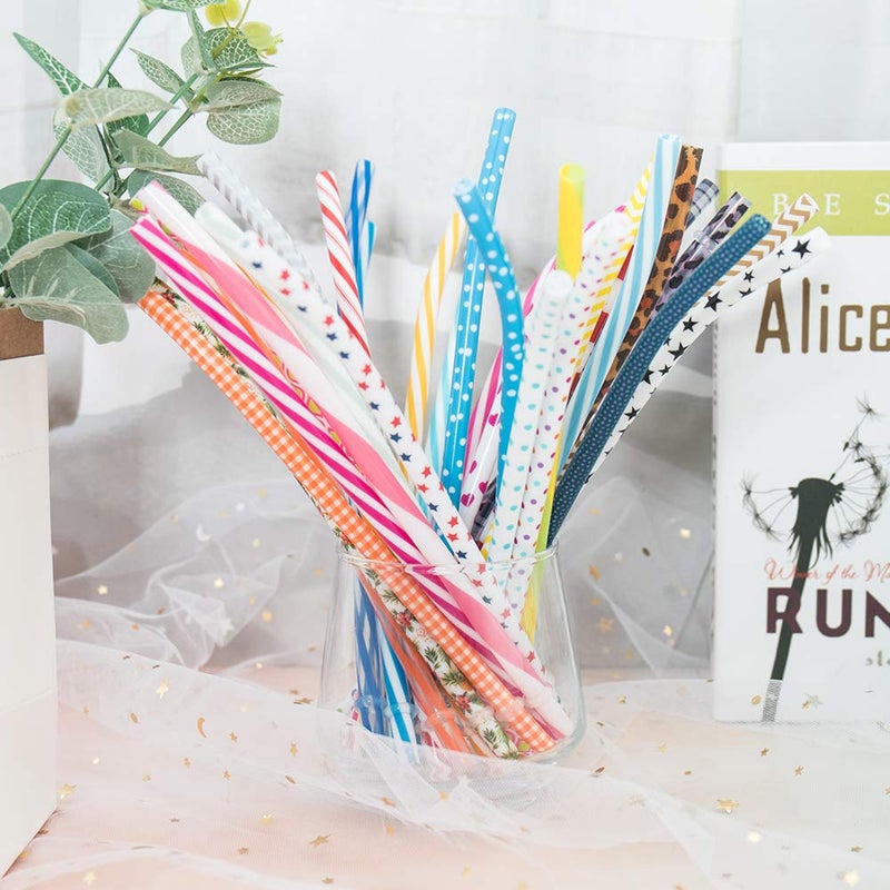SUBANG 50 Pack Bent Reusable Straws  BPA-Free  9"" Colorful Hard Plastic Stripe Drinking Straw for Mason Jar Tumbler  Family or Party Use With Cleaning Brush - Image 2