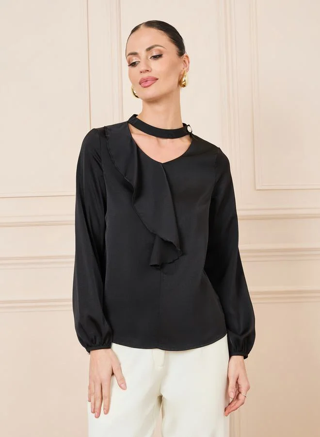 Styli Ruffle Trim Cut Out Neck Faux Pearl Button Detail Blouse