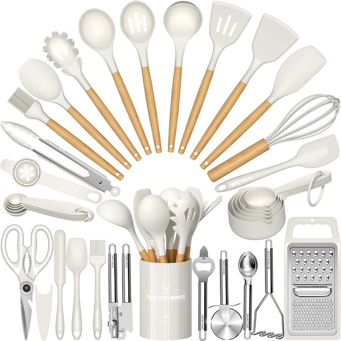 SILICONE KITCHEN UTENSIL SET 34PCS HEAT RESISTANT KITCHEN GADGETS AND TOOLS WITH GRATER CREAM WHITE WOOD HANDLES FOR NONSTICK COOKWARE