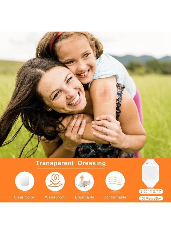 EalionMed - EalionMed Transparent Film Dressing, Waterproof Wound Bandage, Adhesive Patch, 2.75'' W X 2.36'' L, 100 Pack, Clear, Breathable, Comfortable, Shower Shield, Tattoo Aftercare - Image 1