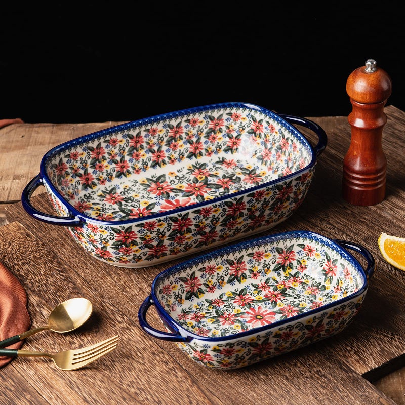 ONECCI Baking Dish Ceramic Baking Pan Blue Casserole Dish Rectangular Baking Set 2pcs Bakeware Sets Single Serving Size Lasagna Pan Baking Dishes for oven (Exotic Daisy) - Image 3
